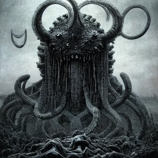 Prompt: ancient gear beast beksinski, eldritch, apocalypse, creepy creature, horror spooky