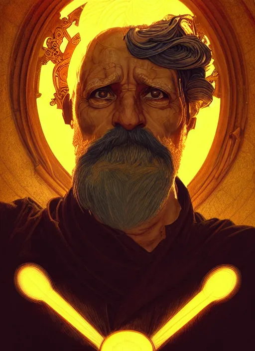 Image similar to the god hephaestus, old man, ash hair, glowing eyes, volumetric lights, yellow and red scheme, art nouveau botanicals, gothic, intricate, highly detailed, digital painting, artstation, concept art, smooth, sharp focus, symmetric face, illustration, steampunk, art by artgerm and greg rutkowski and alphonse mucha