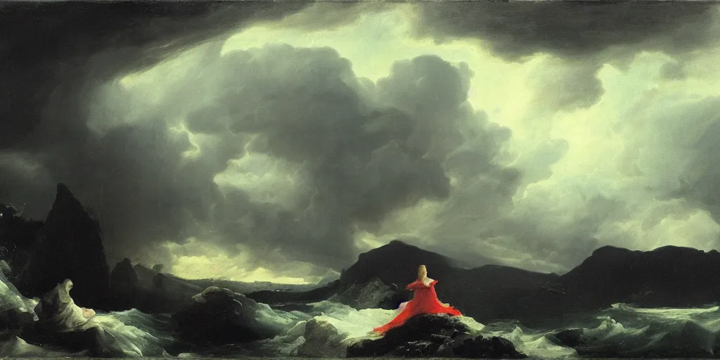 Prompt: a princess, big monster on the horizon, goya the colossus, snowy fjord, storm clouds, dramatic lighting, hudson river school, afternoon