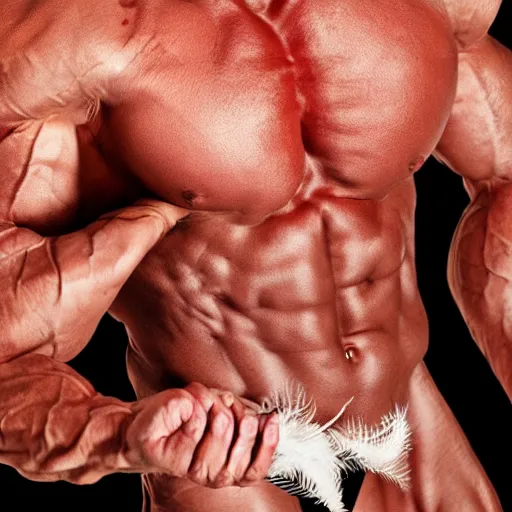 Prompt: bodybuilder man tickled by feathers, photorealistic, high detail