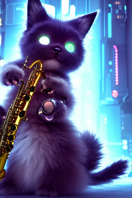 Prompt: high quality 3 d render very cute fluffy cyborg! cat plays saxophone, cyberpunk highly detailed, unreal engine cinematic smooth, in the style of blade runner & detective pikachu, hannah yata charlie immer, moody light, low angle, uhd 8 k, sharp focus