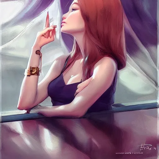 beautiful girl leaning over table by artgerm, Pinterest