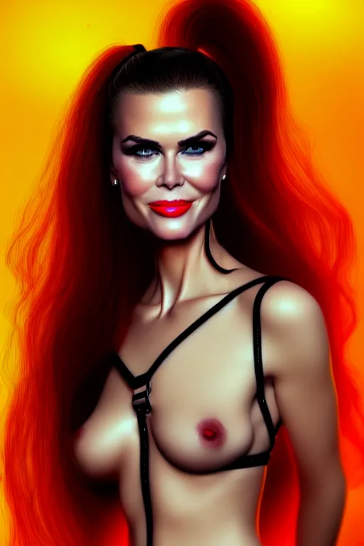 Image similar to mix of beautiful young maria shriver, mariel hemmingway, brooke shields, nicole kidman and elle macpherson as a dominatrix, thin lips, hair tied up in a pony tail, dark blonde hair, colorful, deviantart, artstation, cgsociety