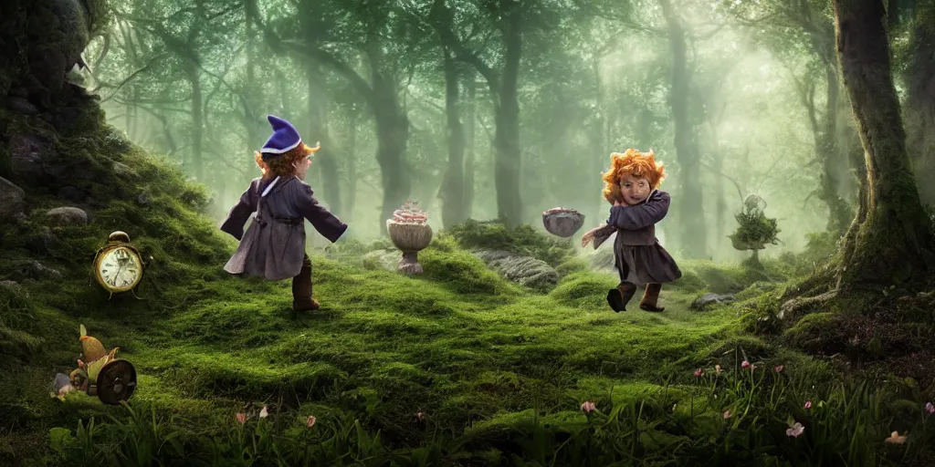 Image similar to bilbo baggins running into the white rabbit in a clearing in the middle of an enchanted forest, steampunk illustration, photorealistic color drawing, toadstools and fairies, gnomes and giants in the distance, 8 k resolution, octane render, dramatic lighting, cinematic angle,