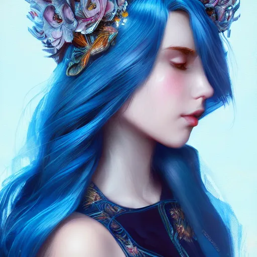 Prompt: teen girl, azure blue hair, gorgeous, amazing, elegant, intricate, highly detailed, digital painting, artstation, concept art, sharp focus, illustration, art by Ross tran