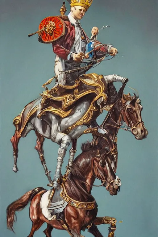 Image similar to a painting of magnus carlsen as king of chess sitting on a horse over a chess board, a surrealist painting by james jean, trending on cgsociety, pop surrealism, androgynous, grotesque, angular