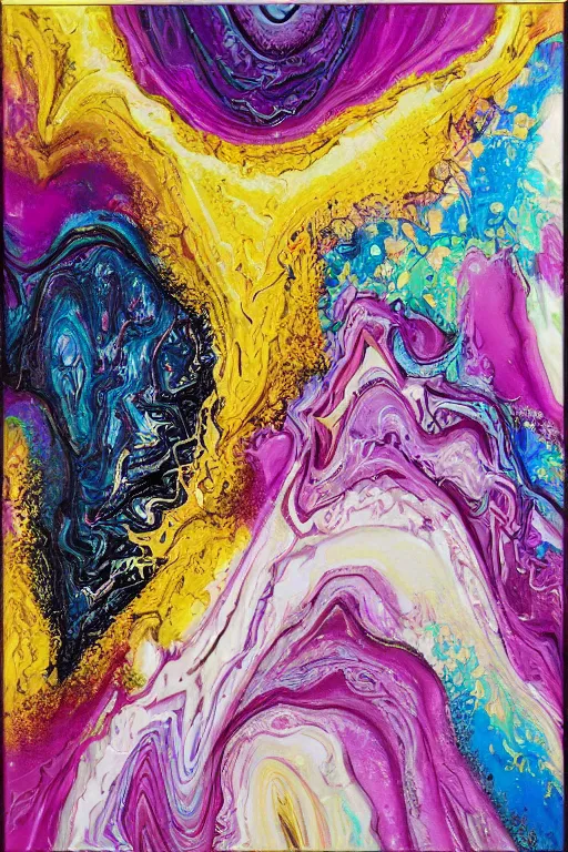 Image similar to acrylic paint pour, marbling, very detailed, large white border, 144x144 canvas, hd, high resolution print :1 Cyan, Pink, White, Yellow and Black :1