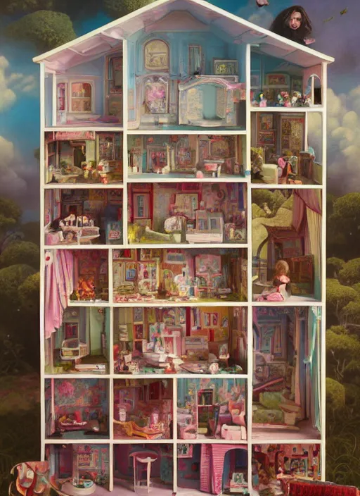 Image similar to highly detailed wide - angle portrait of a retro 1 9 6 0 s doll house, nicoletta ceccoli, mark ryden, lostfish, earl nore, hyung tae, frank frazetta, global illumination, god rays, detailed and intricate environment