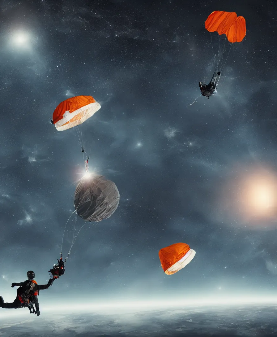 Prompt: a single man traveling towards space with parachute, stars glowing in dark background, highly detailed
