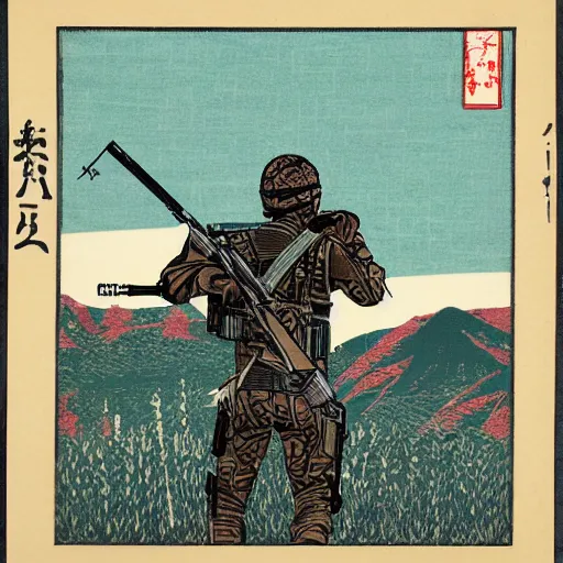 Prompt: the videogame arma 3 depicted as a japanese woodblock print