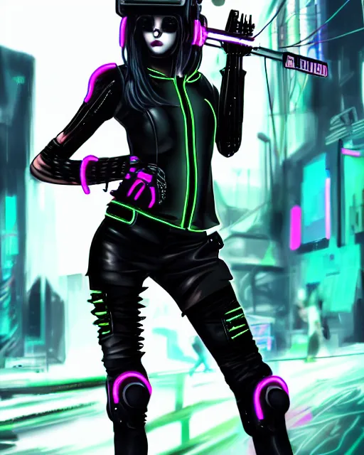 Image similar to concept art of a cyber punk girl wearing a black leather jacket with neon spikes, wearing a futuristic biker helmet, holding a futurstic cyberpunk weapon, standing in a busy cyberpunk city center | | epic - fine - trending on artstation, brush strokes