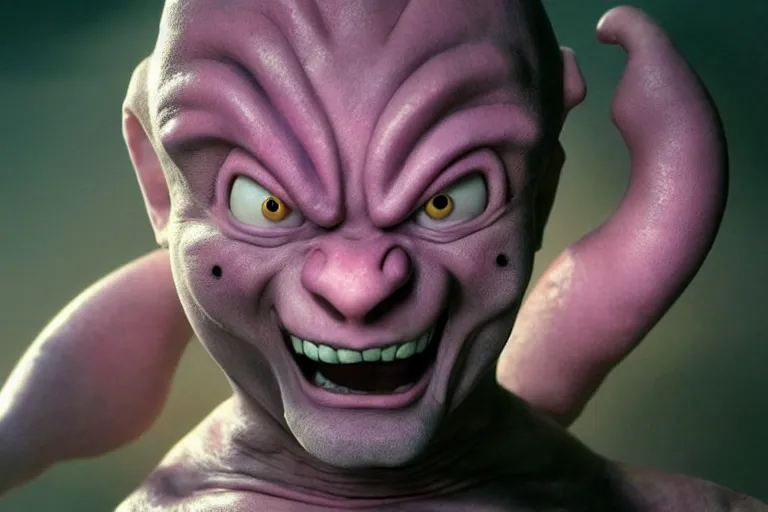 Prompt: “Andy Serkis as Majin Buu from Dragonball Z. Film Adaptation. Photorealistic. Dramatic lighting.”