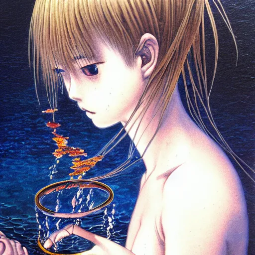 Image similar to prompt: Fragile looking vessel portrait face drawn by Katsuhiro Otomo, nymph in the water performing alchemy, intricate oil painting, soft dark light, intricate detail, intricate oil painting detail, sharp high detail, manga and anime 2000