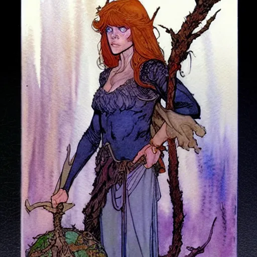 Image similar to a realistic and atmospheric watercolour fantasy character concept art upper body image of a young jane fonda in her 2 0 s posing as a druidic warrior wizard looking at the camera with an intelligent gaze by rebecca guay, michael kaluta, charles vess and jean moebius giraud