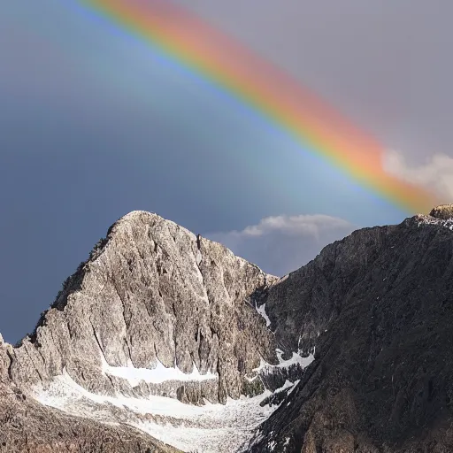 Prompt: a mountain portrait with in the sky a rainbow