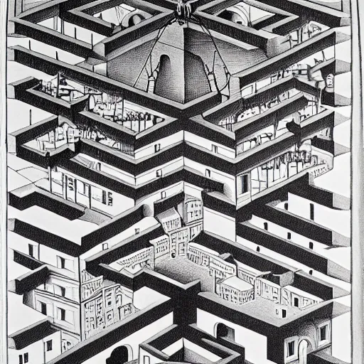Image similar to a huge foot in the middle of a tiny city, by m. c. escher