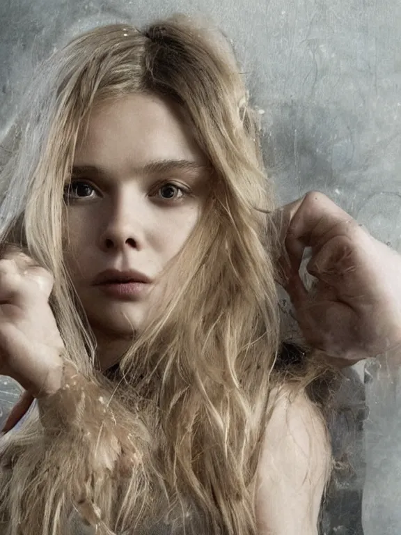 Prompt: hyperdetailed close shot of chloe grace moretz, winds of winter, with ripped crop t - shirt, fine - face, pretty face