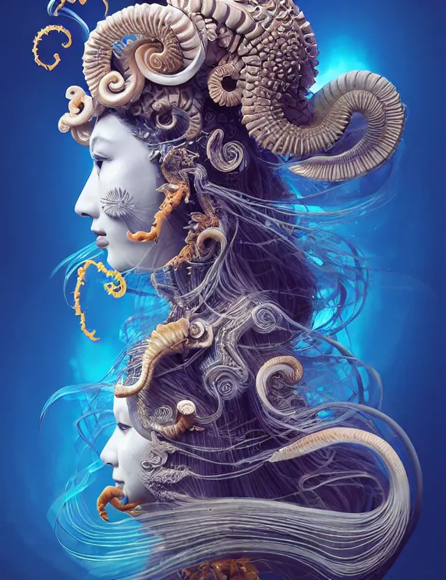 Image similar to 3 d goddess nautilus half - turn portrait with long hair with ram skull. beautiful intricately detailed japanese crow kitsune mask and clasical japanese kimono. betta fish, jellyfish phoenix, bio luminescent, plasma, ice, water, wind, creature, artwork by tooth wu and wlop and beeple and greg rutkowski