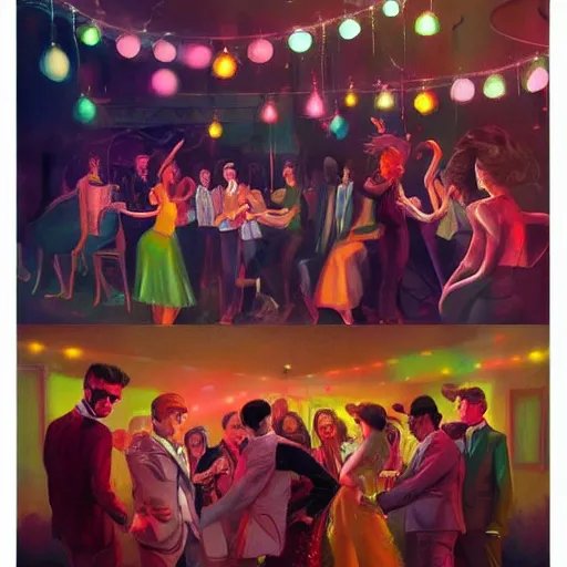 Prompt: young people in a fancy vintage nightclub dancing and drinking, partylights, great colors, by esao andrews, trending on artstation