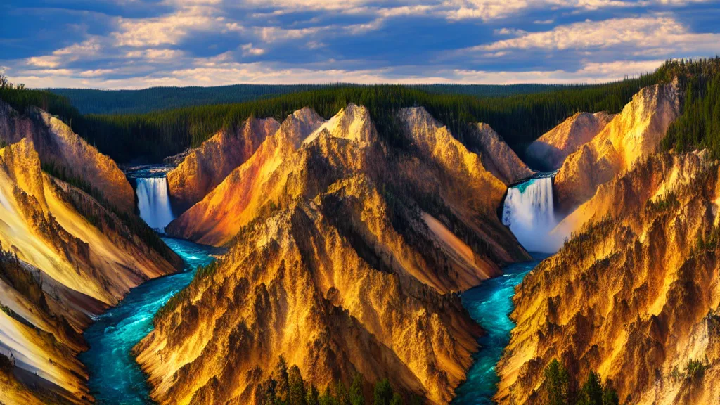 Prompt: Yellowstone river valley, lower falls, matte painting, golden hour, photorealistic