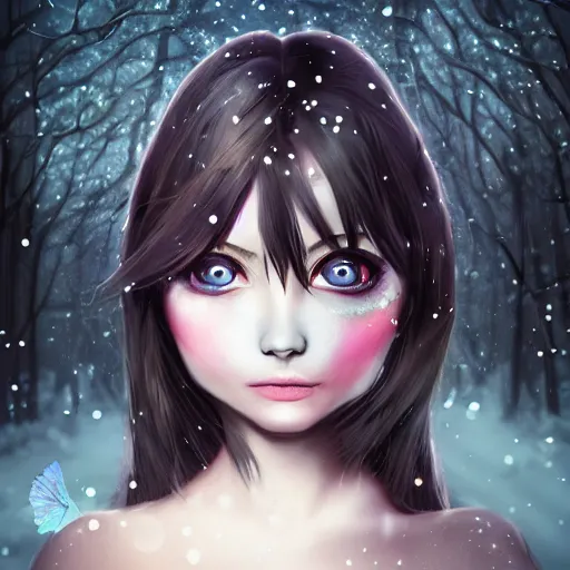 Image similar to focus face portrait of beautiful darkness witch 3D anime girl, dark forest background, snowing, bokeh, inspired by Tim Burton, digital painting, unreal engine render, volumetric light, high détail