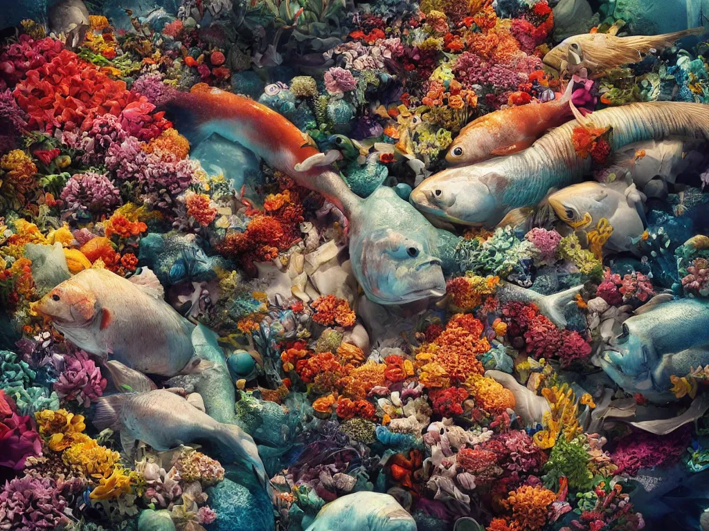 Image similar to a sculpture of fish ocean intertwined, a lovely cornucopia of flowers and cows, body parts, highly detailed, octane render, cinematic, shock, sharp focus, ball, an independent psycho, clean