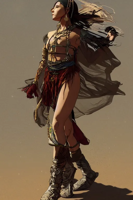 Image similar to a full body portrait of a beautiful post apocalyptic offworld desert bedouin thief savage rogue in beggars clothes in ballet pose by the emerald oasis pools, intricate, elegant, highly detailed, digital painting, artstation, concept art, smooth, sharp focus, illustration, art by krenz cushart and artem demura and alphonse mucha