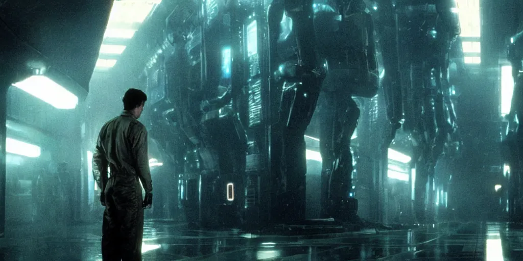 Prompt: human - like robot android in big datacenter shot from ridley scott blade runner movie