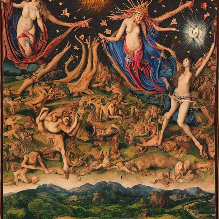 Prompt: a wide mountainous river valley with a tattood lady with animal stripes, antlers and wings transforming into a flower while the stars look like flowers by jan van eyck, ernst fuchs, nicholas kalmakoff, joep hommerson, character, full body, max ernst, hans holbein