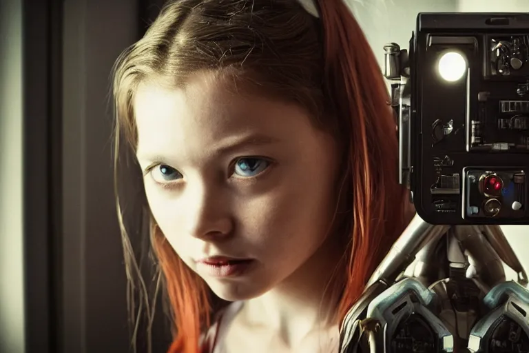 Prompt: cinematography closeup portrait of a cyborg girl in a cyberpunk apartment by Emmanuel Lubezki