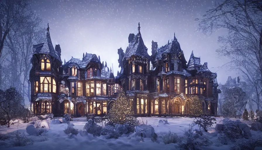 Prompt: Magnificent Neo-Gothic manor with Christmas lights built in the snow-caped mountains at night, hyperdetailed, artstation, cgsociety, 8k