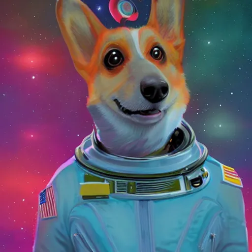 Prompt: psychedelic portrait of a corgi astronaut floating in space, digital painting by simon stalenhag