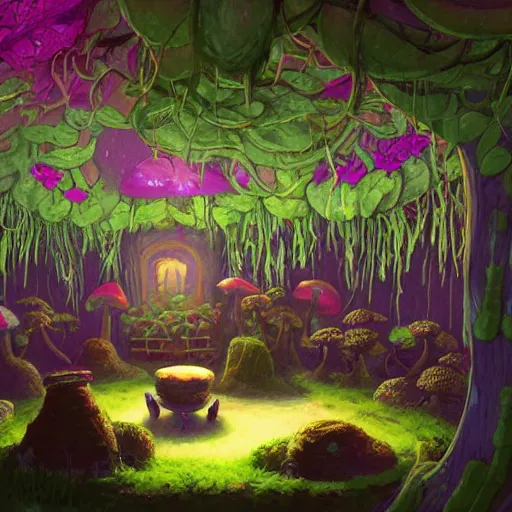 Image similar to concept art painting of a interior of a cozy alien fantasy cottage made of mushrooms and fungus, with black vines and magenta houseplants, blue and magenta light, realistic, detailed, cel shaded, dark, in the style of makoto shinkai and greg rutkowski and james gurney