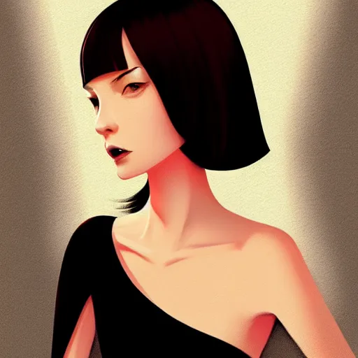 Image similar to young female in black tuxedo, scornful, disdainful, muted colors, matte print, pastel colors, 2d, ultra highly detailed, smooth, sharp focus, digital art, digital painting, fan art, elegant, artstation, head is centered, by Ilya Kuvshinov
