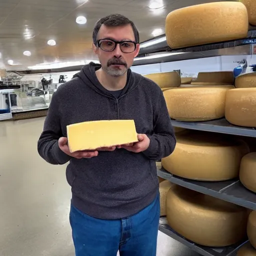 Prompt: photo of a very suspicious man holding cheese