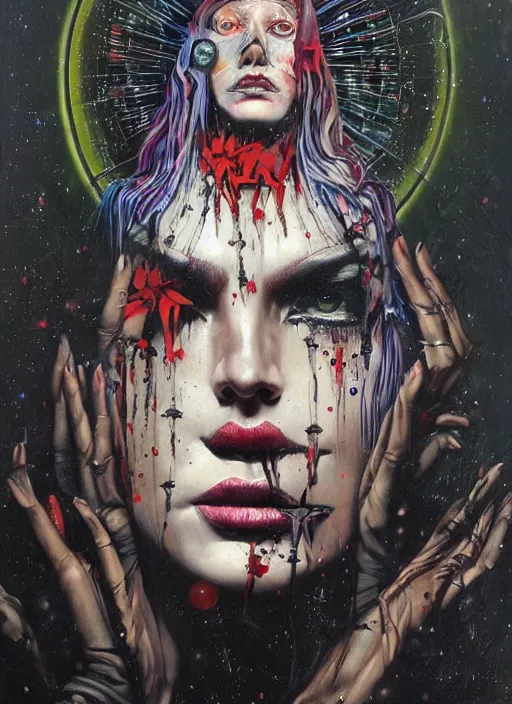 Image similar to acid tripping cult magic psychic woman, subjective consciousness psychedelic, epic surrealism expressionism symbolism story iconic, dark robed witch, oil painting, robe, symmetrical face, greek dark myth, by Sandra Chevrier, Gerald Brom masterpiece