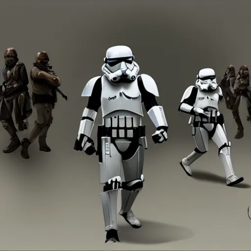 Image similar to an extremely long shot of an imperial stormtrooper walking concept art by Doug Chiang cinematic, realistic painting, high definition, very detailed, extremely high detail, photo realistic, symmetrical, concept art, the Mandalorian concept art style