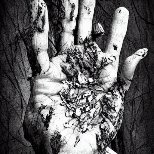 Prompt: the withered hand, a rotting severed hand, 5 fingers | black and white detailed art-piece | classical art |