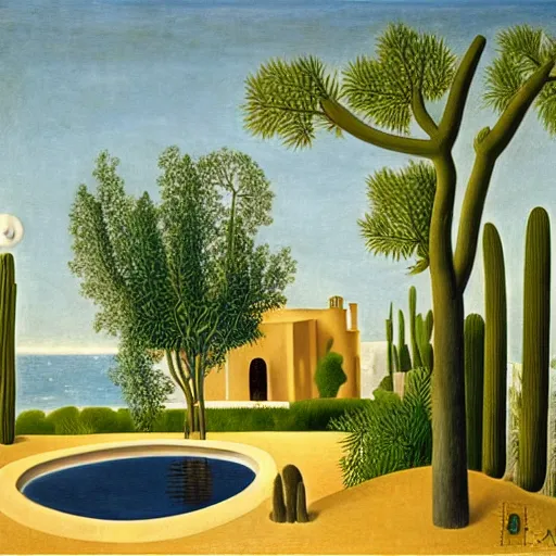 Image similar to A villa in the middle of the desert, fountain, olive trees, ornaments by Henri Rousseau