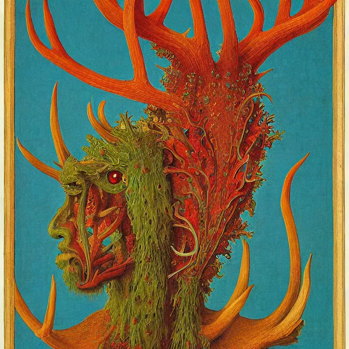 Image similar to close up portrait of a mutant monster creature with ten antlers growing in fractal forms, face in the shape of a colorful exotic carnivorous plant. by jan van eyck, audubon
