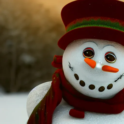 Prompt: a highly detailed snowman with a smile, artstation, DeviantArt, professional, octane render, sunset lighting