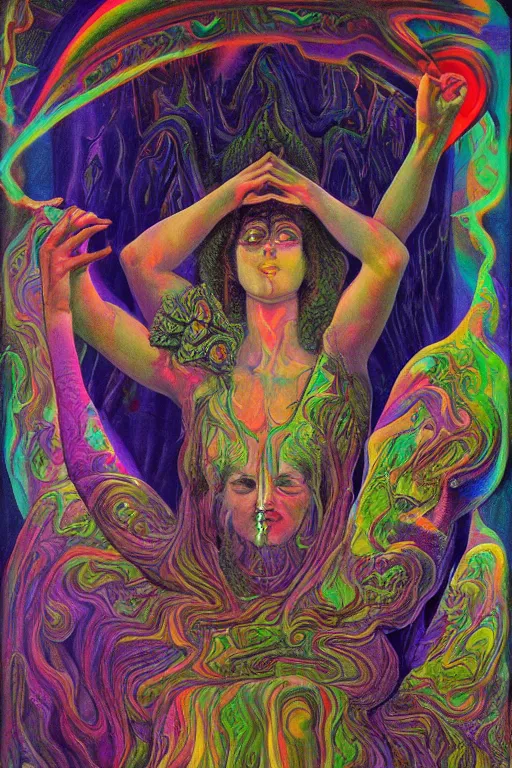 Image similar to mystic cult girl performing psychedelic third eye ritual, expanding energy into waves into the ethos, epic surrealism 8k oil painting, high definition, post modernist layering, by Ernst Fuchs, John Howe