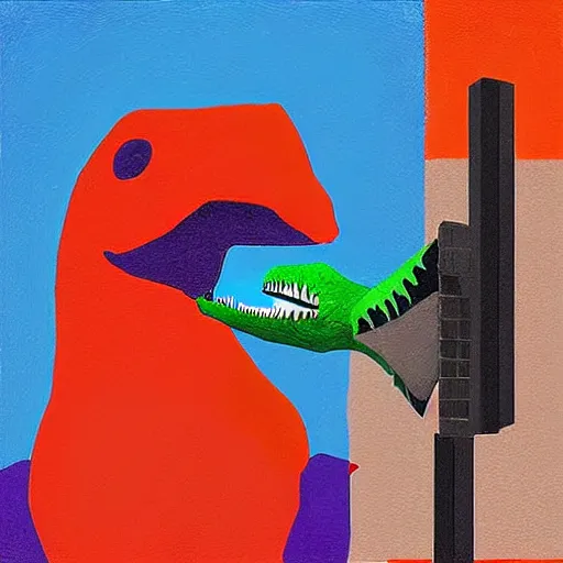 Image similar to “dinosaur singing karaoke detailed trex happy podcast national geographic figure minimalism Edward Cooper Matisse digital art oil painting”