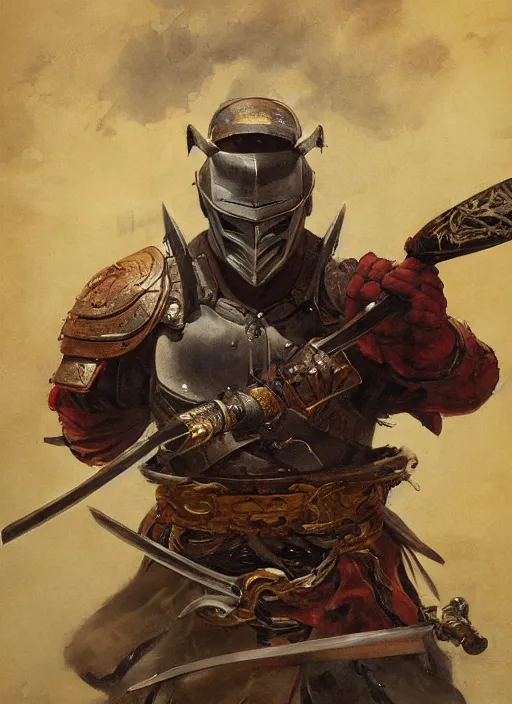 Image similar to A full portrait oil painting of a helmeted and masked Samurai holding a katana above his head an running into battle, japanese god of war armor, by Frank Frazetta, Greg Rutkowski, Boris Vallejo, epic fantasy character art, Exquisite detail, post-processing, low angle, masterpiece, cinematic, lightning