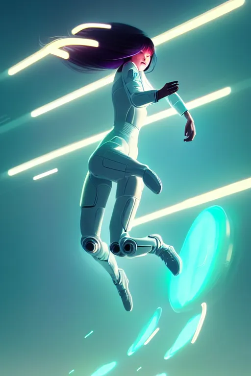 Image similar to android women jumping, scifi, futuristic design, bae suzy, long white hair, character design, cinematic lighting, highly detailed, by beeple, goro fujita, smooth gradient.