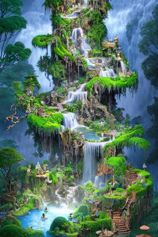 Image similar to isometric view of a fantastical garden with waterfalls and giant trees, by Andrei Riabovitchev, Shaun Tan, Peter Mohrbacher and Takayuki Takeya, ancient ornate intricate, cinematic, realistic, intricate detail, finely detailed, small details, extra detail, photorealistic, high resolution, 3D, PBR, blue light, path tracing, volumetric lighting, octane render, arnold render, 8k