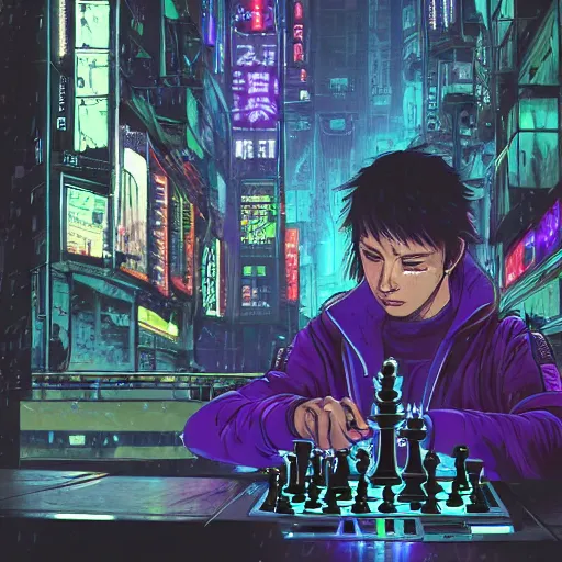 Image similar to high detailed person playing chess in a cyberpunk rainy city at night by josan gonzalez, purple and blue neons, unreal engine, high quality, 4 k, uhd, trending on artstation, wires, blade runner vibes, ghost in the shell, akira, dorohedoro