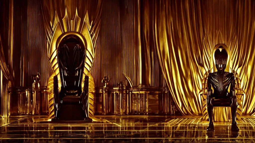 Image similar to a strange creature sits on a golden art deco throne, film still from the movie directed by Denis Villeneuve with art direction by H R Giger, wide lens