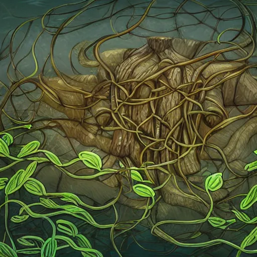 Image similar to A gigantic chest covered in vines underwater, Trending on Artstation,Digital art.