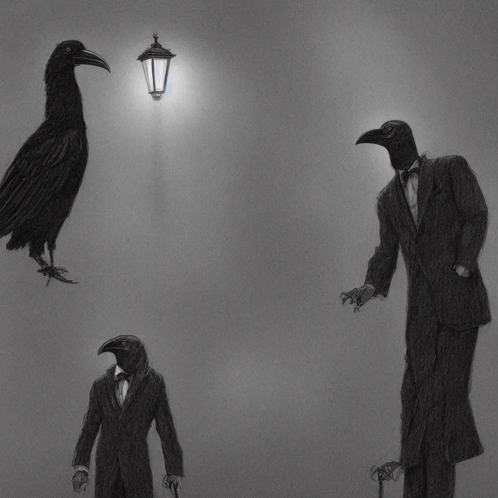 Image similar to a highly detailed portrait of a man wearing a suit and a raven mask standing in the middle of a street illuminated by a lone street lamp, by gerald brom, cinematic lighting, detailed drawing